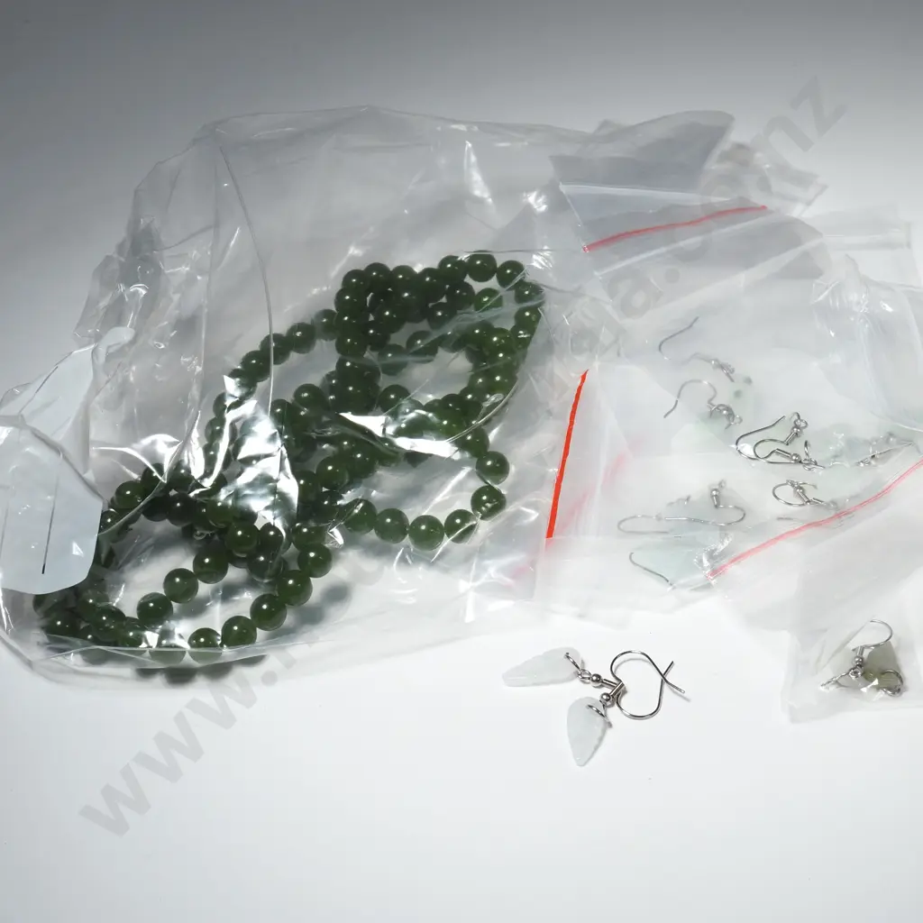 Three Strands of Nephrite Jade Beads & Eight Jade Hook Earring in Leaf Form Image 1++