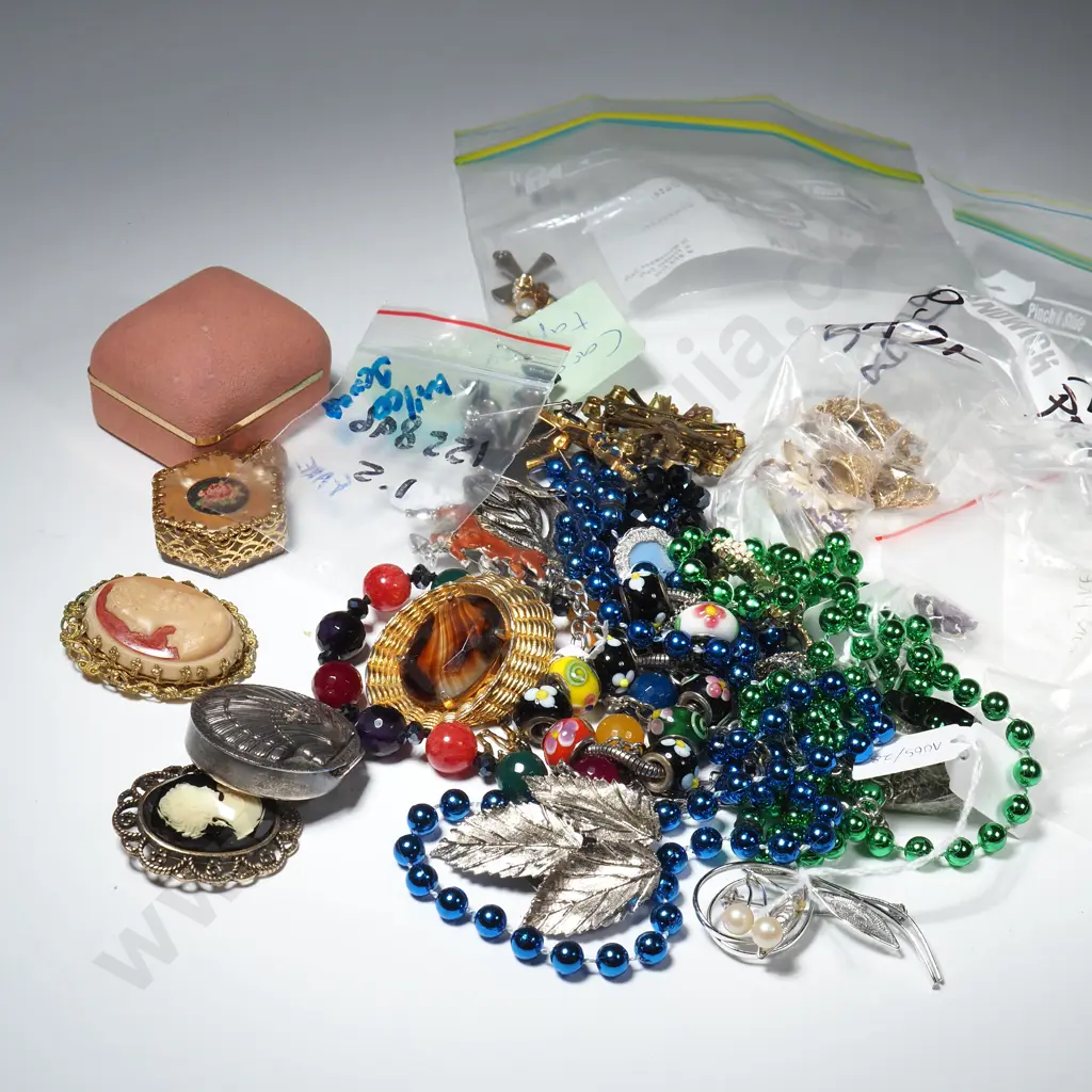 Selection Of Costume Jewellery Containing Beads, Brooches, Perfume Bottle, Necklaces Etc. Image 1++