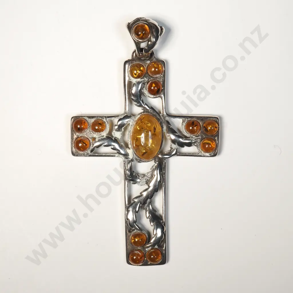 Sterling Silver & Amber Cross Pendant Image 1++
