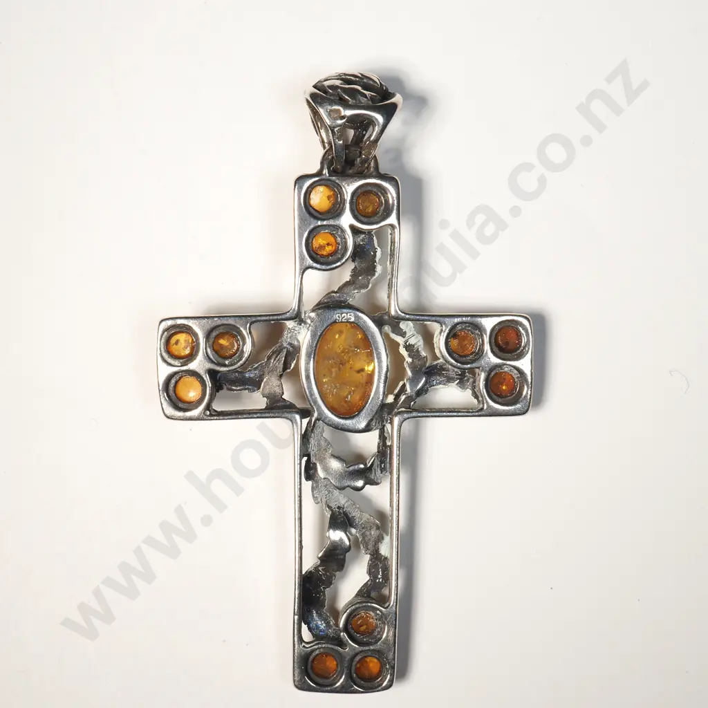 Sterling Silver & Amber Cross Pendant Image 1++