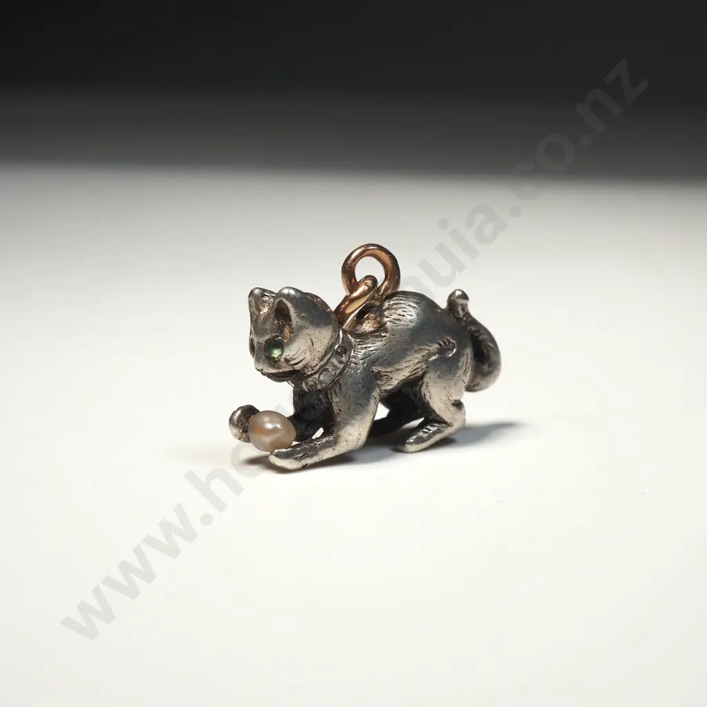 Sterling Silver, Diamond, Pearl & Gold Cat Pendant Image 1++