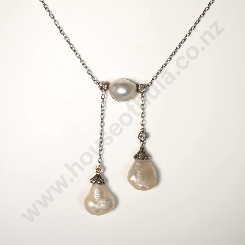 Antique Pearl & Diamond Necklace in 9ct Gold Image 1++