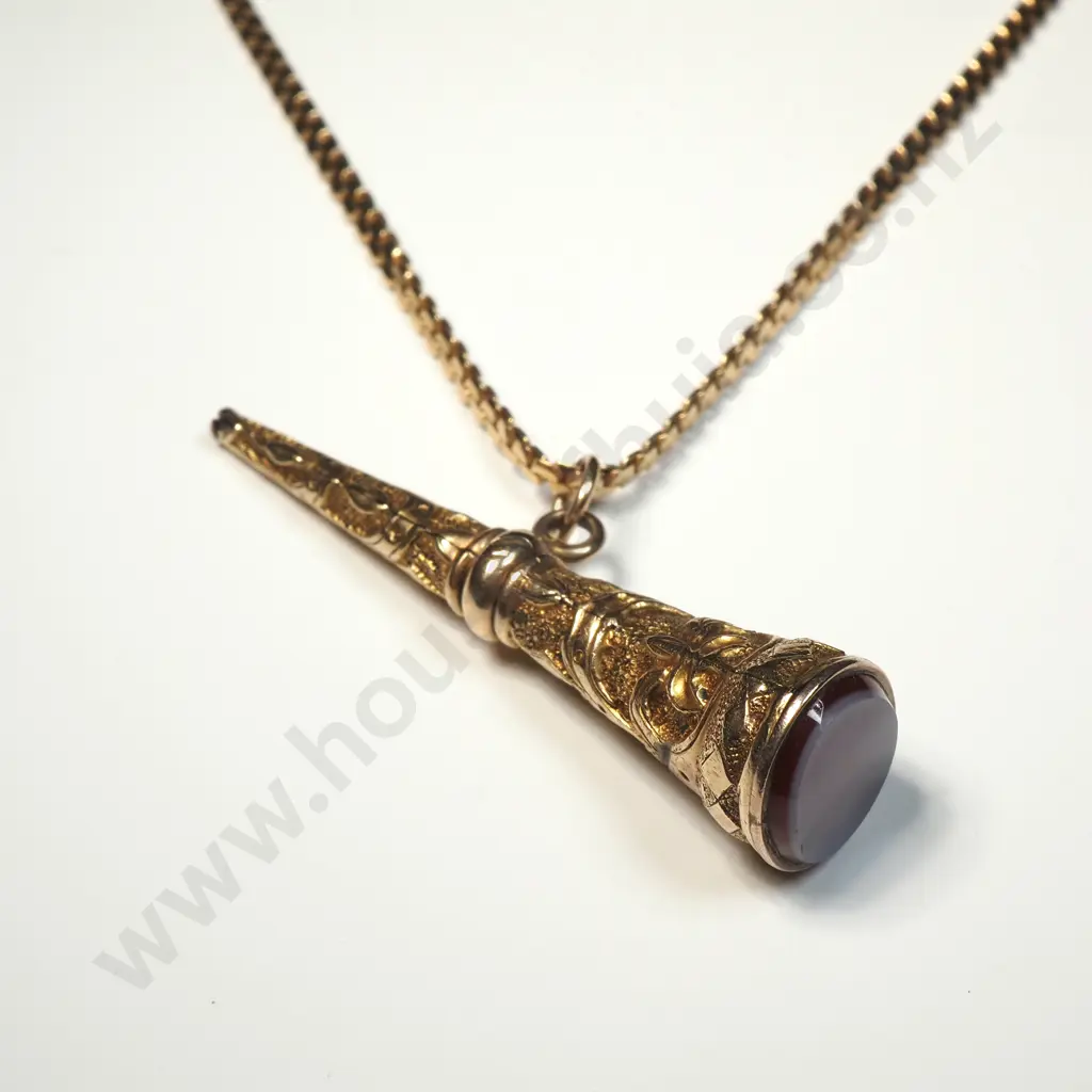 Antique Rolled Gold Watch Key w Carnelian End on 9ct Gold Chain Image 1++
