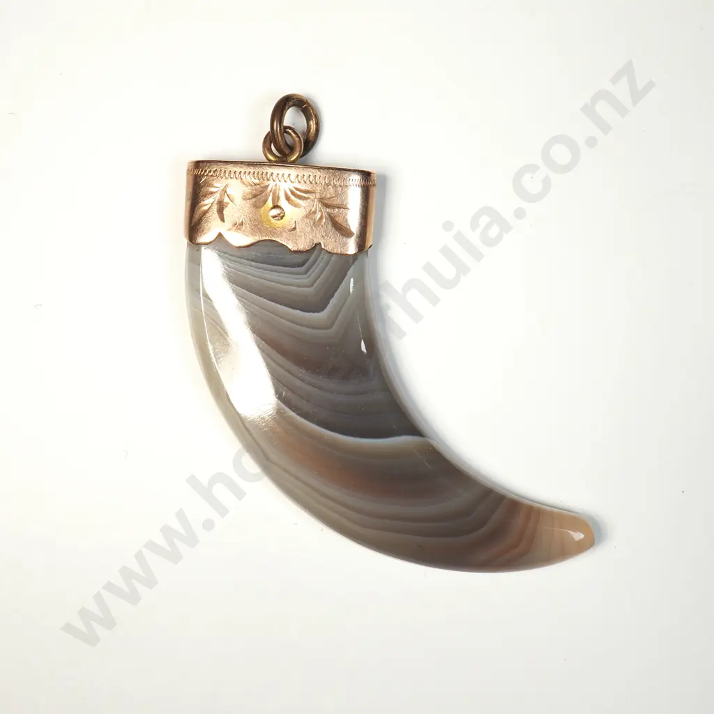 Colonial New Zealand Banded Agate 9ct Gold Capped Claw Pendant Image 1++