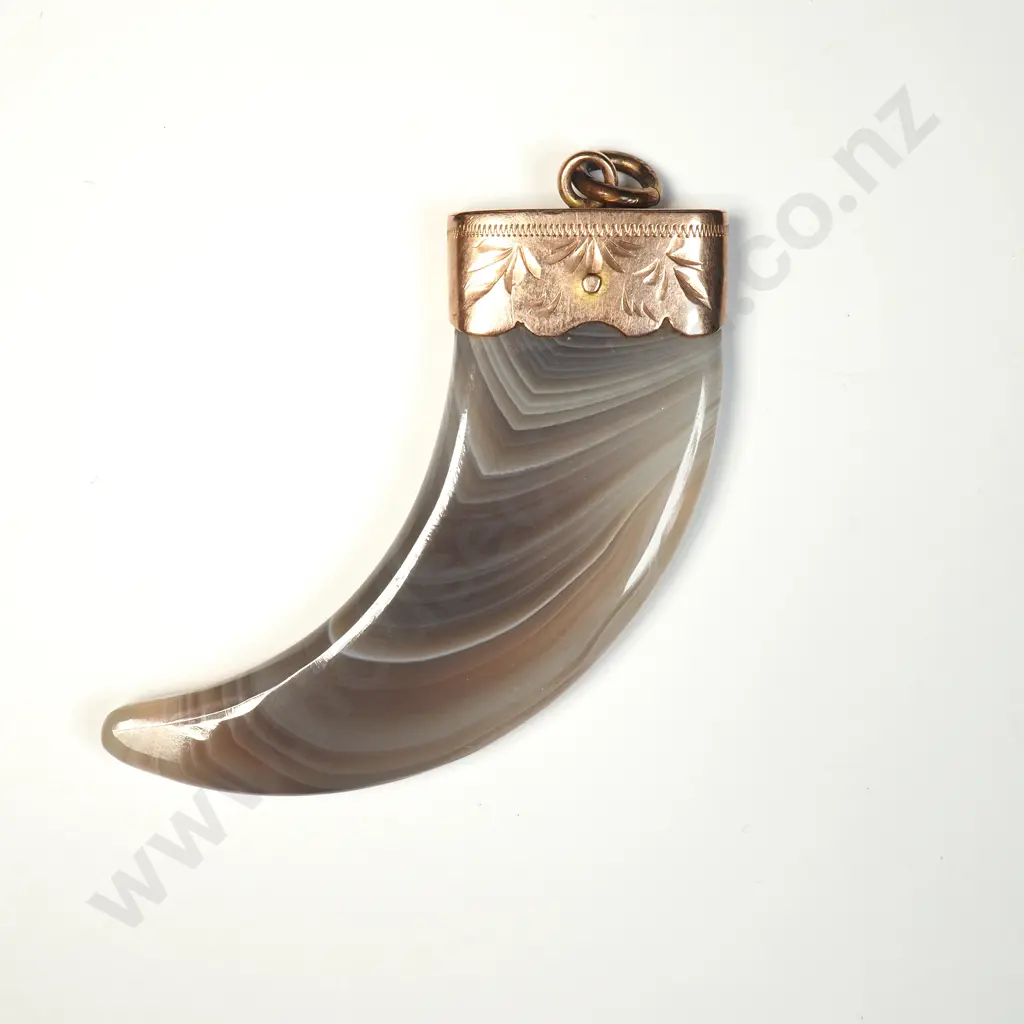 Colonial New Zealand Banded Agate 9ct Gold Capped Claw Pendant Image 1++