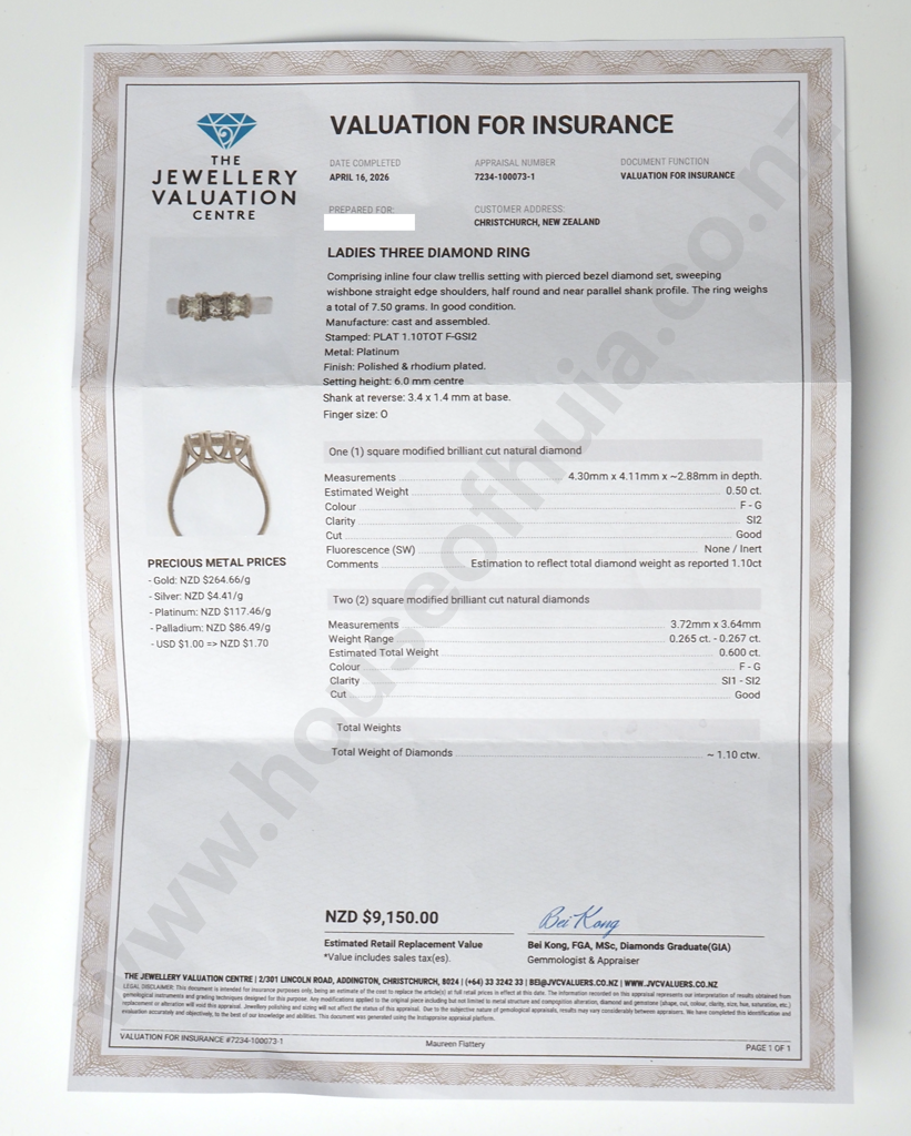 Platinum 1.1ct Three Diamond Ring w Valuation $9,150 Image 1++