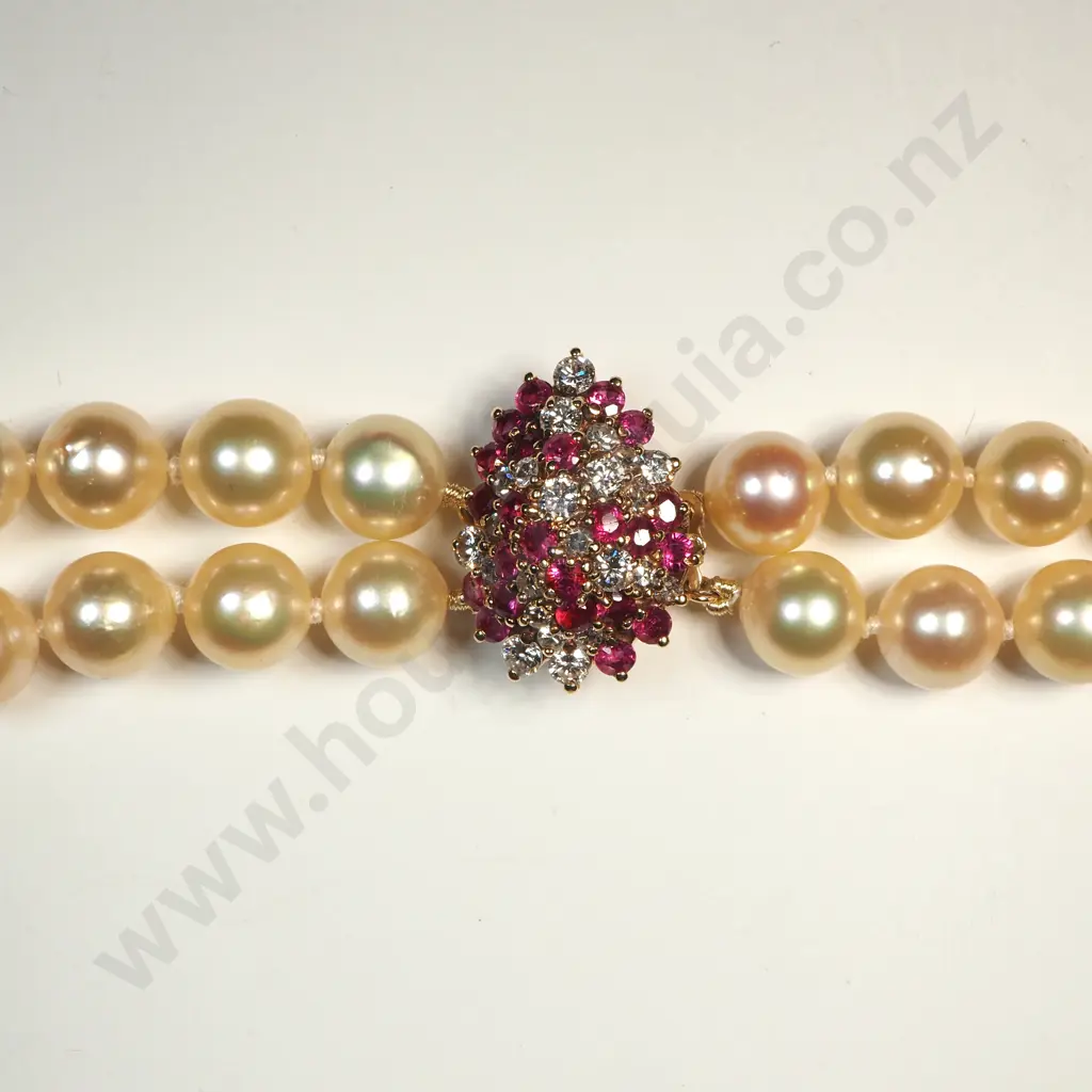 Exceptional Double Strand of Golden Akoya Pearls on 14ct Gold Ruby Diamond Clasp w Valuation for $10,950.00 Image 1++