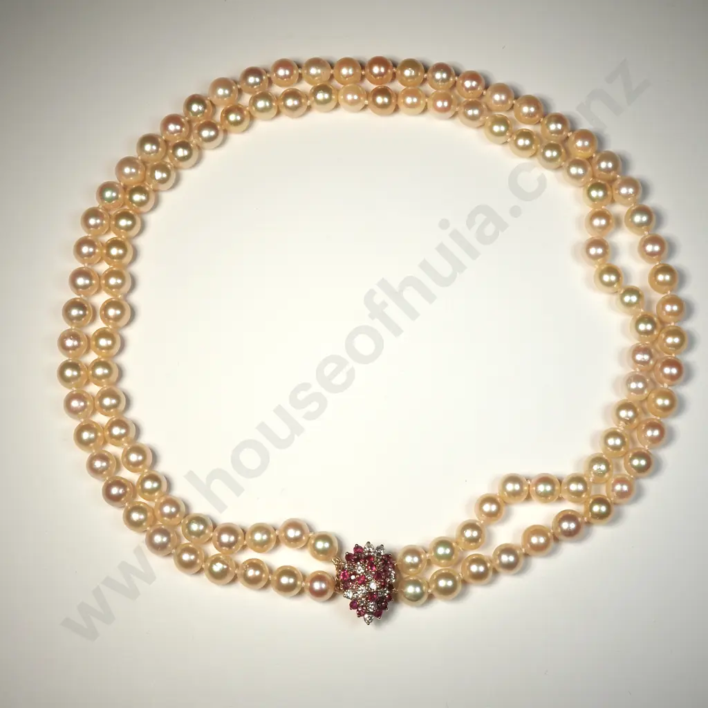 Exceptional Double Strand of Golden Akoya Pearls on 14ct Gold Ruby Diamond Clasp w Valuation for $10,950.00 Image 1++