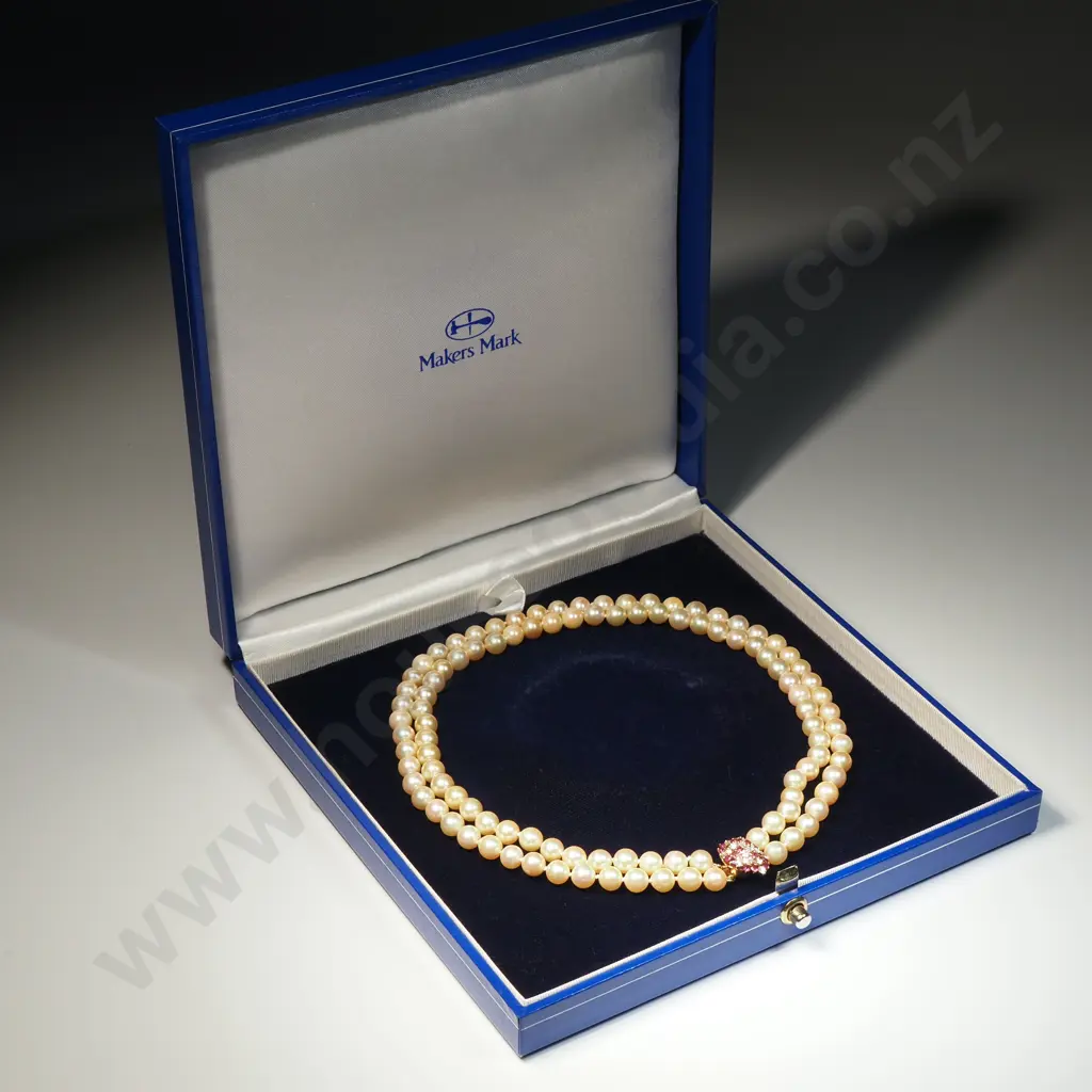 Exceptional Double Strand of Golden Akoya Pearls on 14ct Gold Ruby Diamond Clasp w Valuation for $10,950.00 Image 1++