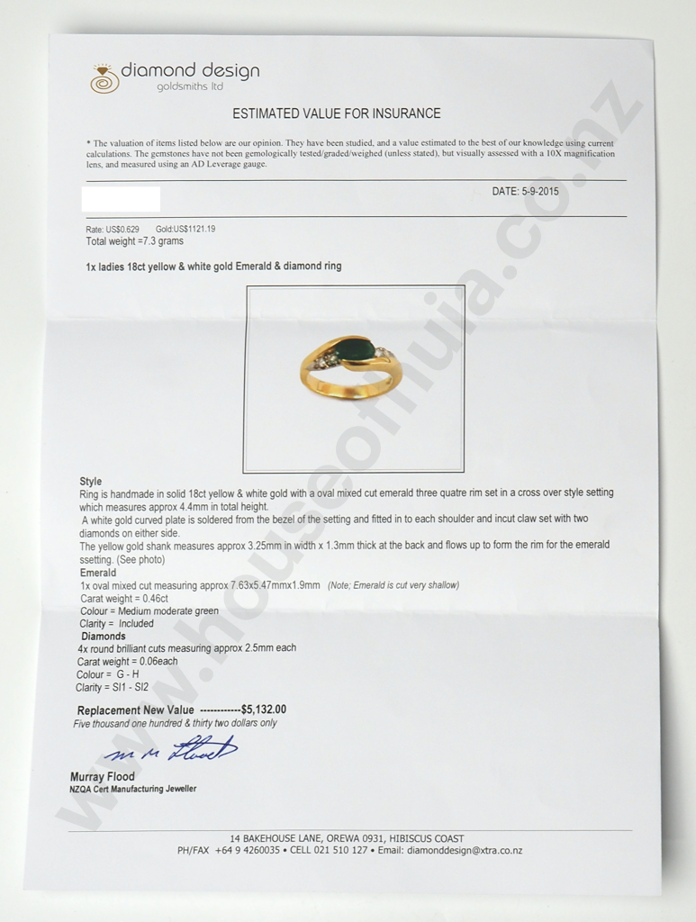 18ct Gold Diamond & Emerald Ring w Valuation for $5,132.00 Image 1++