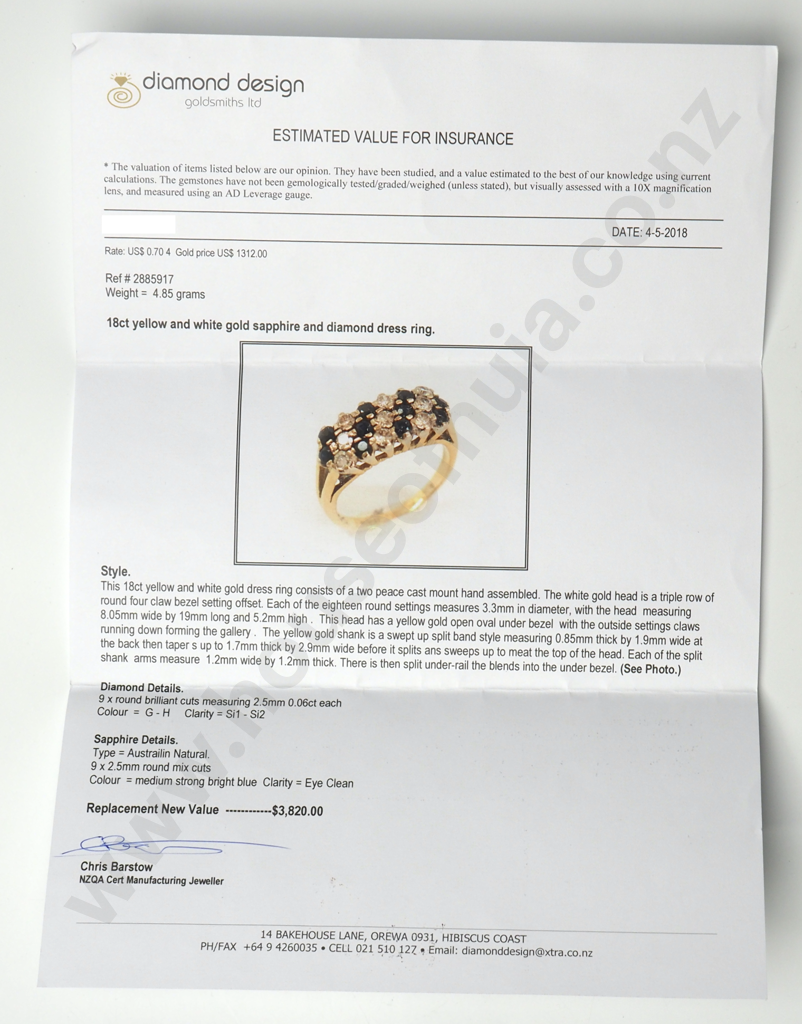 18ct Gold Diamond & Sapphire Ring w Valuation for $3,820.00 Image 1++