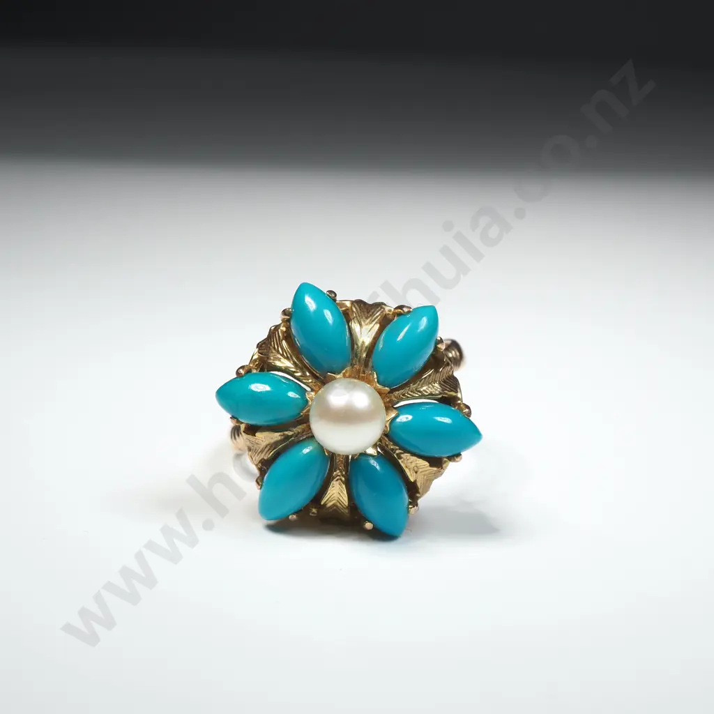 Vintage 9ct Gold Turquoise & Pearl Ring Image 1++