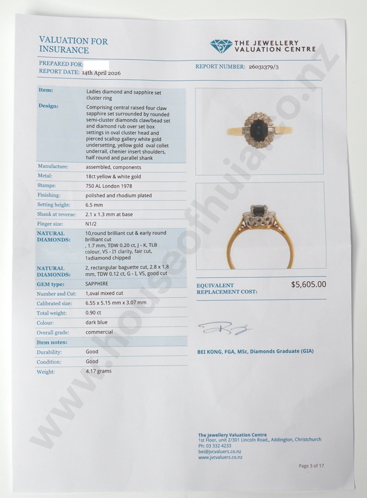18ct Gold Sapphire & Diamond Ring w Valuation for $5,605.00 Image 1++