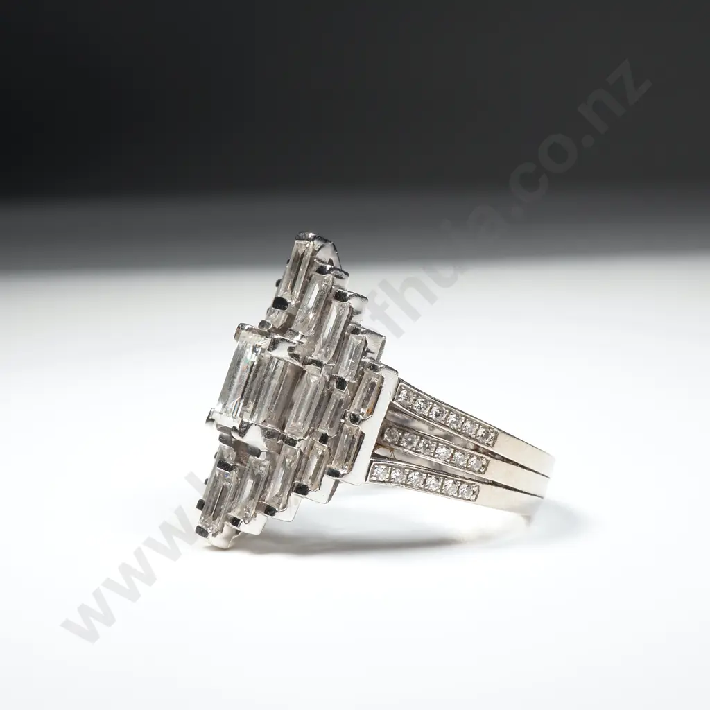 18ct White Gold Baguette Diamond Manhattan Ring w Valuation of $35,800.00 Image 1++