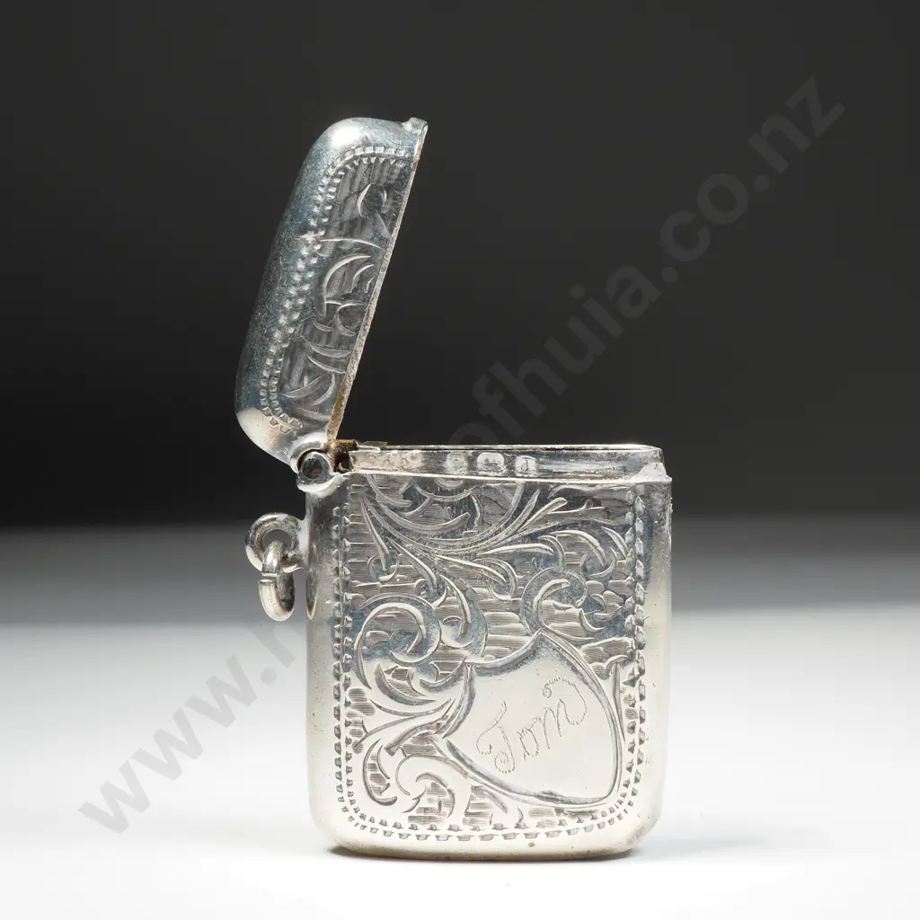 Decorative Antique Sterling Silver Vesta w Swirl Engraving Image 1++