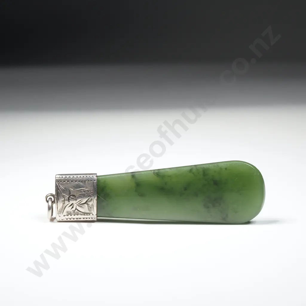 Colonial New Zealand Sterling Silver Capped Greenstone Pendant Image 1++