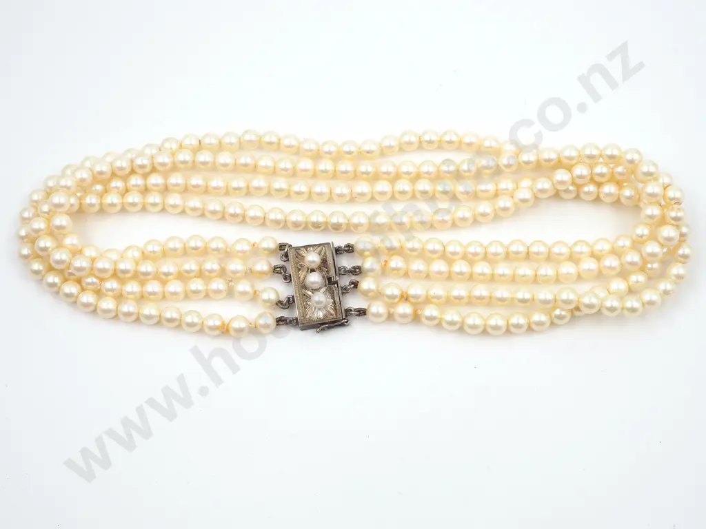Vintage Four Strand Cultured Pearl Choker w Sterling Silver Clasp Image 1++