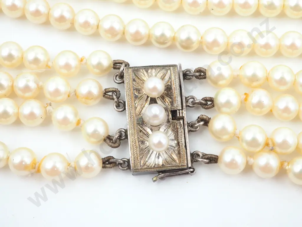 Vintage Four Strand Cultured Pearl Choker w Sterling Silver Clasp Image 1++