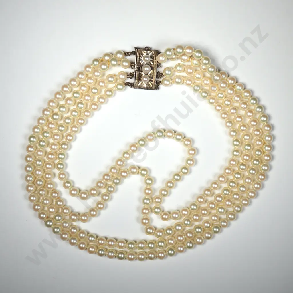 Vintage Four Strand Cultured Pearl Choker w Sterling Silver Clasp Image 1++
