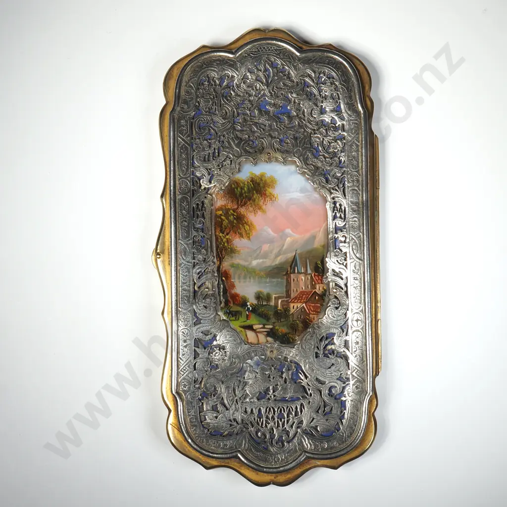 Exquisite Antique Card Case w Painted Mounted Scene A/F Image 1++
