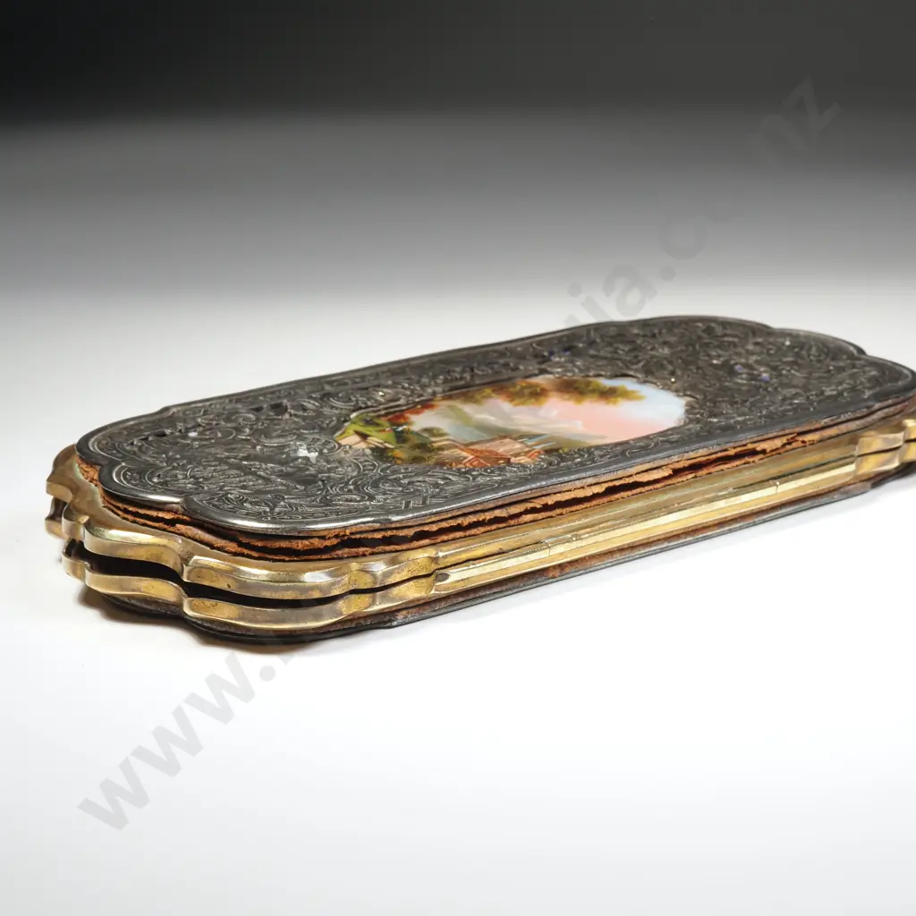 Exquisite Antique Card Case w Painted Mounted Scene A/F Image 1++