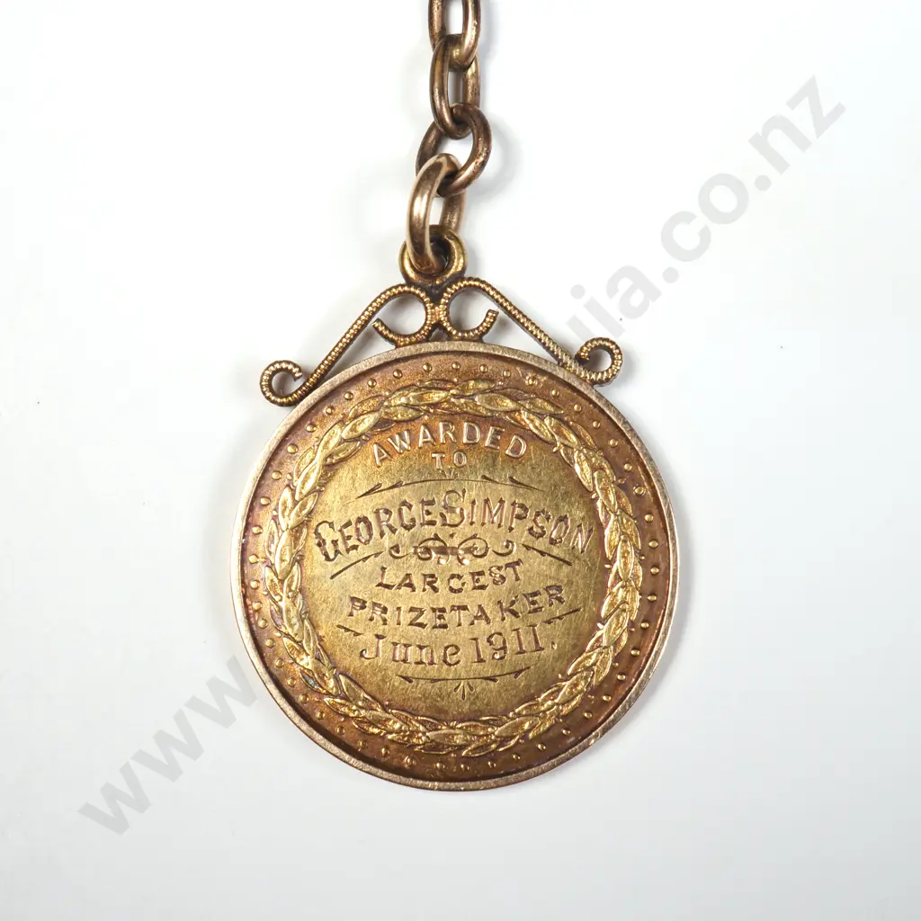 1911 Southland 15ct Gold Fob A&P Prize Medal to George Simpson Image 1++