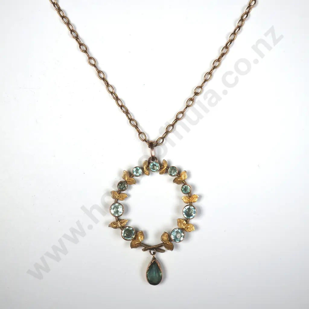 Edwardian Round 9ct Gold Pendant set w Aqua Coloured Stone & Interspersed Gold Leaves On Chain Image 1++