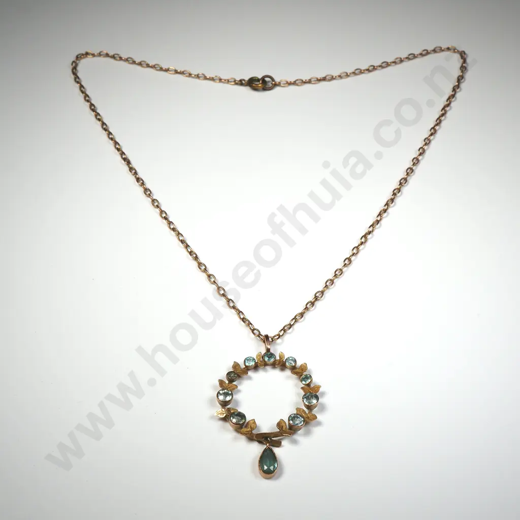 Edwardian Round 9ct Gold Pendant set w Aqua Coloured Stone & Interspersed Gold Leaves On Chain Image 1++