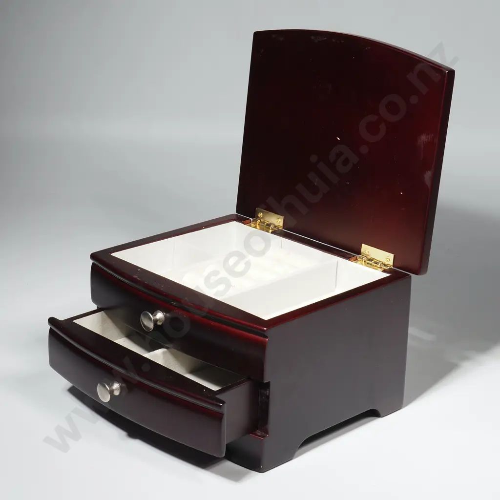 Dark Timber Jewellery Box w Curved Front,  Hinged Lid & Lower Drawer Image 1++