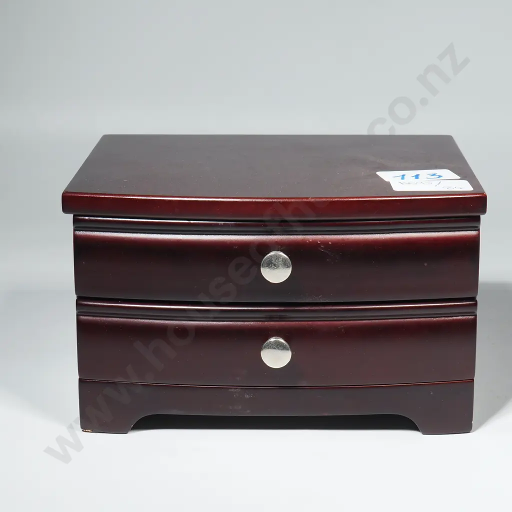 Dark Timber Jewellery Box w Curved Front,  Hinged Lid & Lower Drawer Image 1++