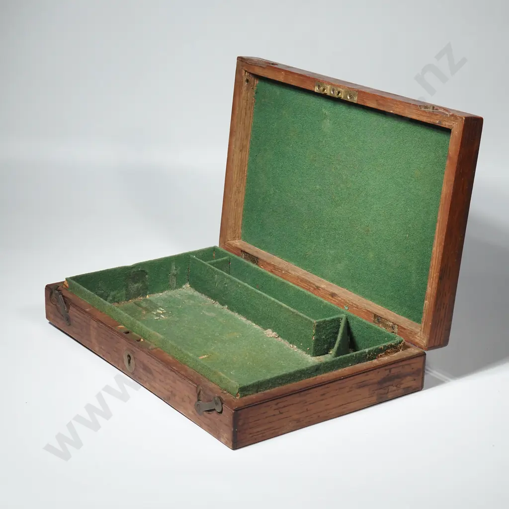English Oak Box Pistol Case  W Brass Escutcheon & Felt Lining. Some Partitions Missing  Image 1++