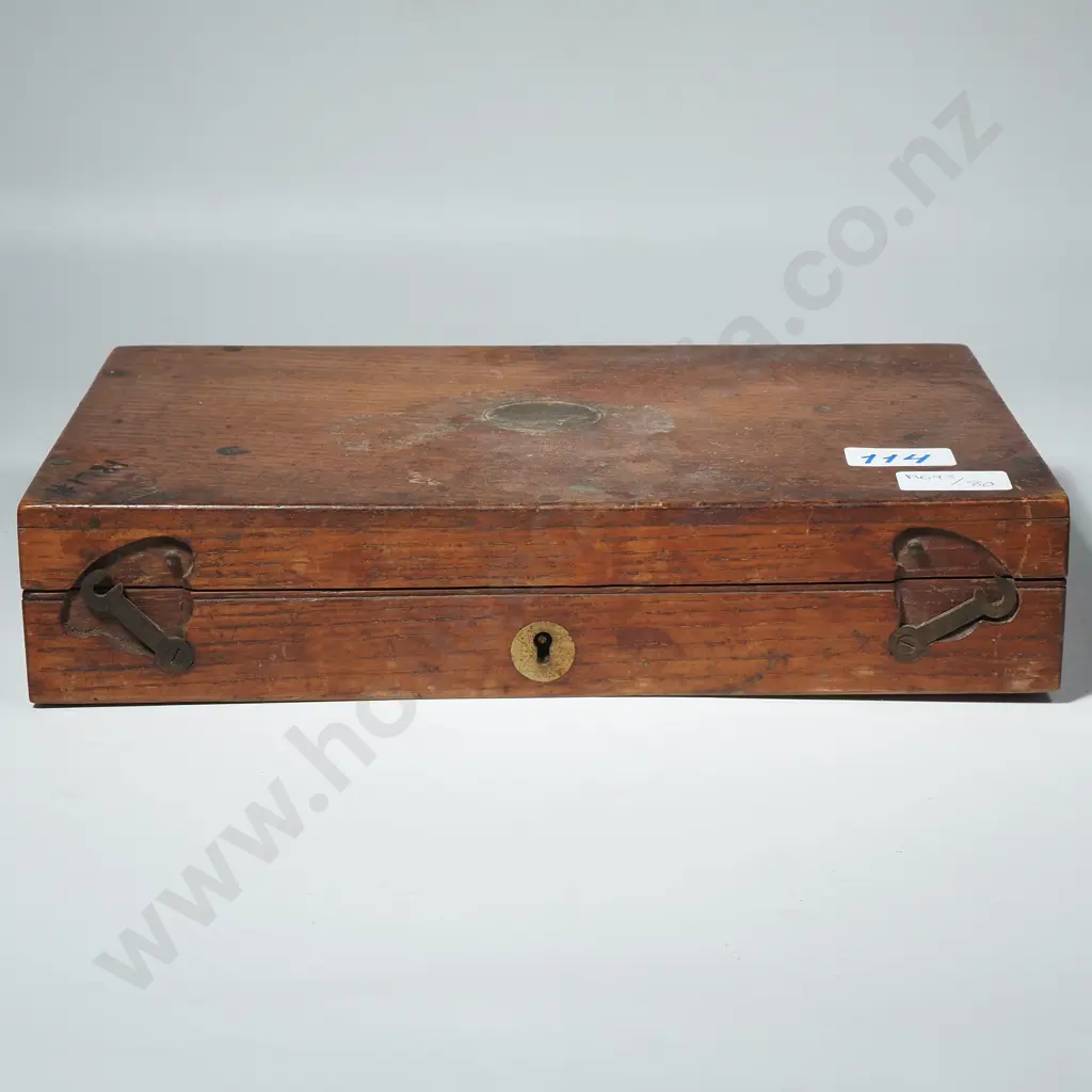 English Oak Box Pistol Case  W Brass Escutcheon & Felt Lining. Some Partitions Missing  Image 1++