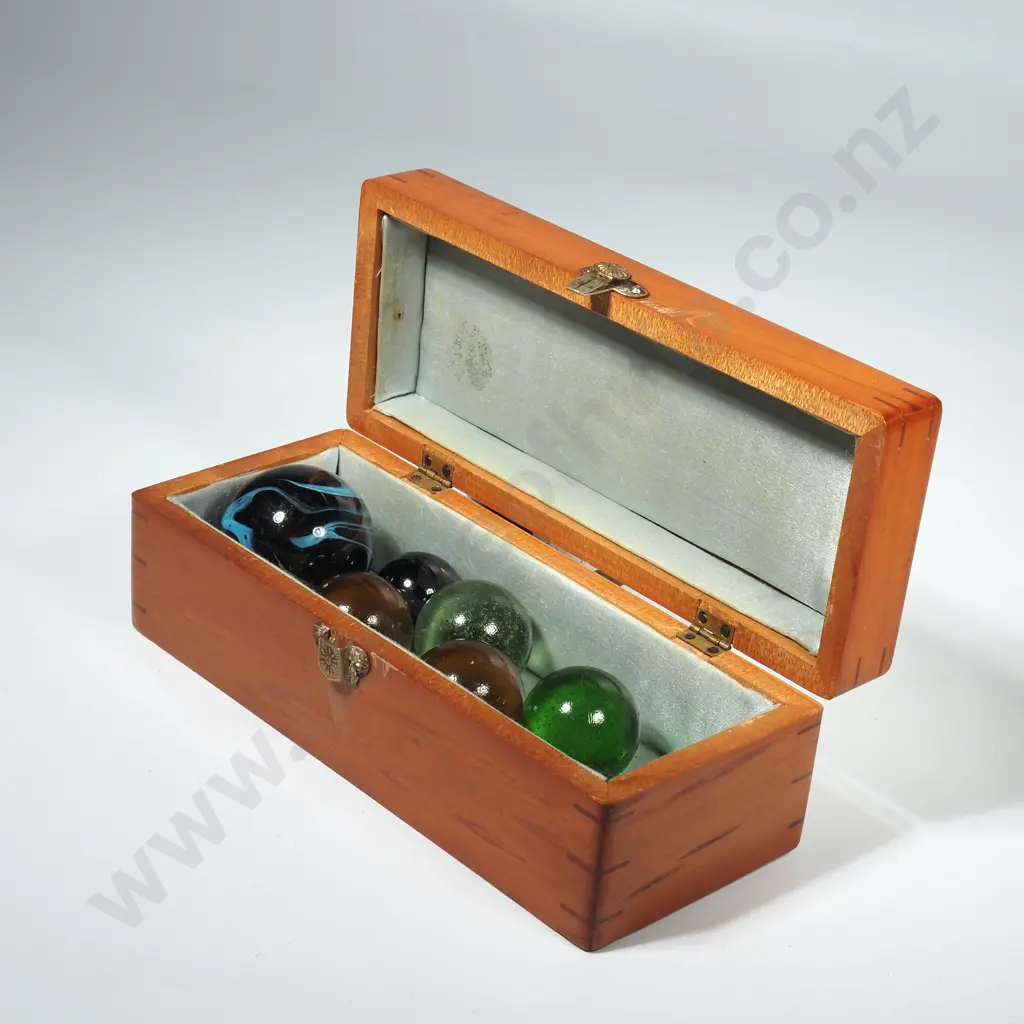 Small Rectangular Hinged Wooden Box w Lined Interior w Large Vintage Glass Marbles Image 1++