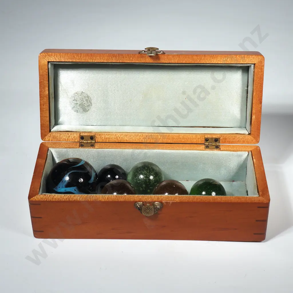 Small Rectangular Hinged Wooden Box w Lined Interior w Large Vintage Glass Marbles Image 1++