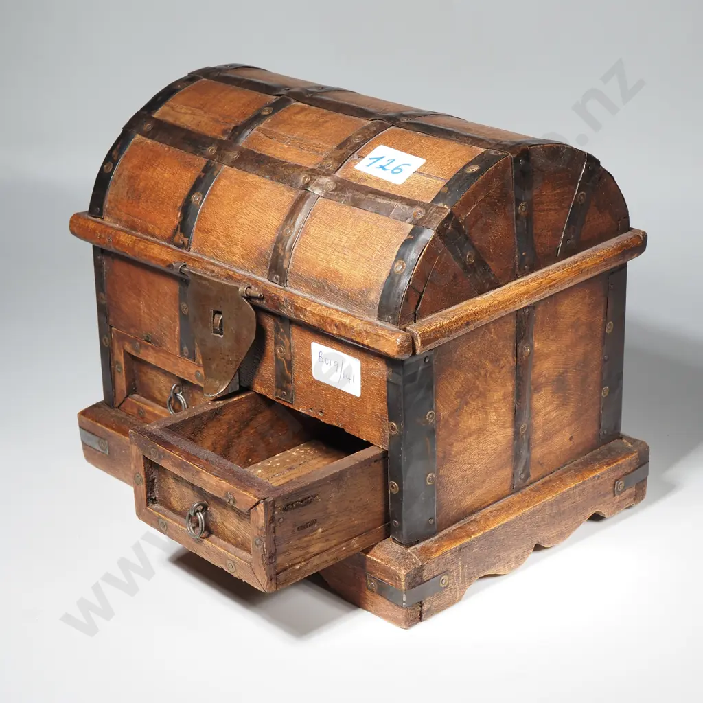 Decorative Dome Top Wooden Chest w Metal Bindings & Two Small Drawers Below Image 1++