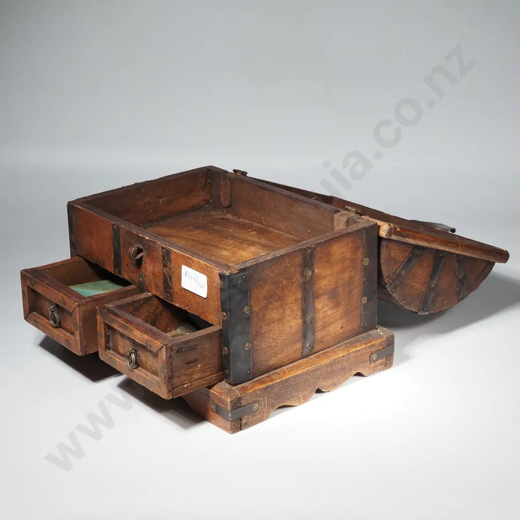 Decorative Dome Top Wooden Chest w Metal Bindings & Two Small Drawers Below Image 1++