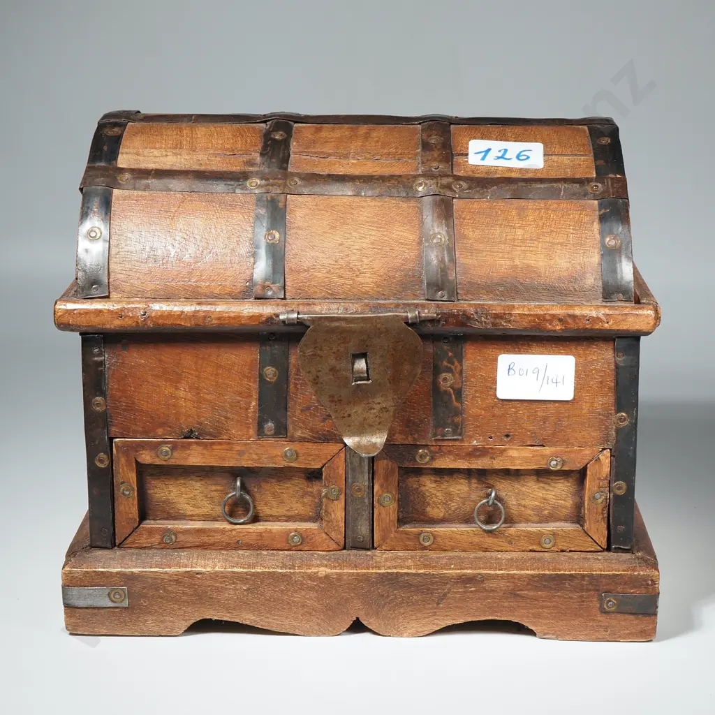 Decorative Dome Top Wooden Chest w Metal Bindings & Two Small Drawers Below Image 1++