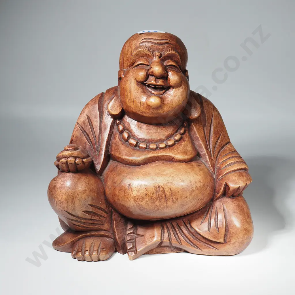 Large Hand Carved Laughing Wooden Buddha Figure Image 1++