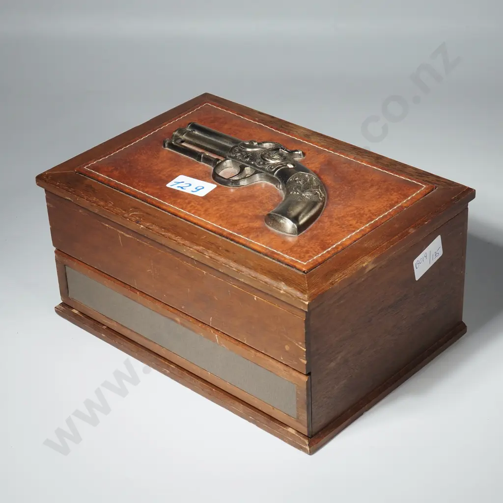 Vintage  Collectables Box Featuring a Replica Flintlock Pistol to Lid & Concealed Drawer Below Image 1++