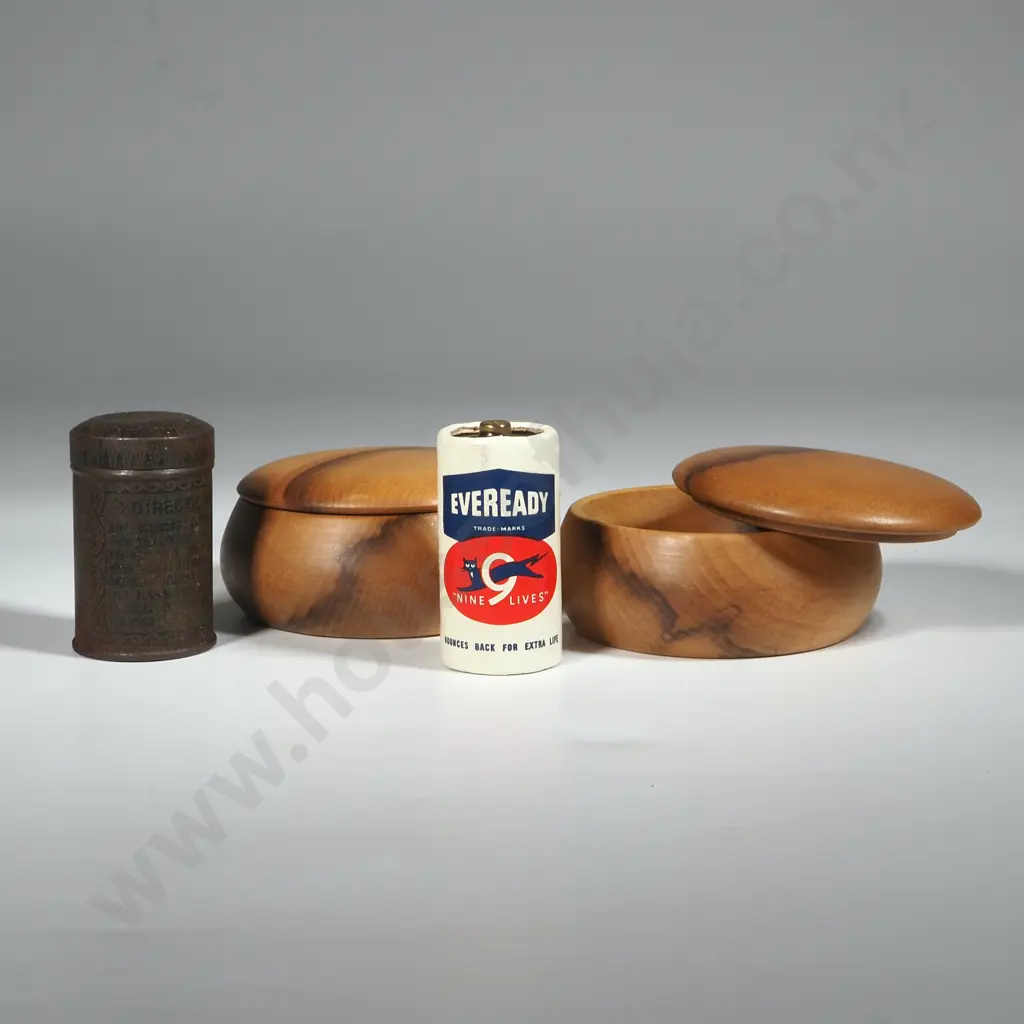 Two Small Wooden Lidded Bowls, Vintage Metal Tin Shaving Stick & Vintage 'Eveready Nine Lives' Battery Image 1++