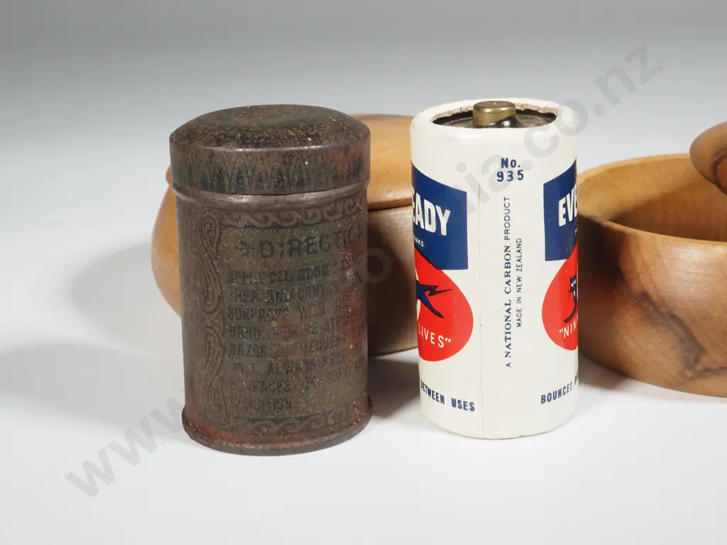 Two Small Wooden Lidded Bowls, Vintage Metal Tin Shaving Stick & Vintage 'Eveready Nine Lives' Battery Image 1++