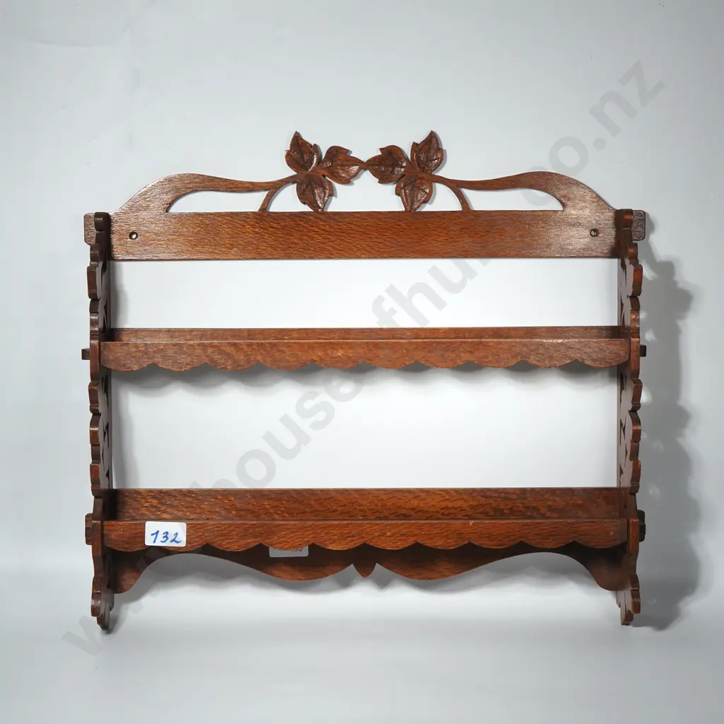 Vintage Wooden Wall Rack w Carved Scalloped Shelves & Floral Ornamentation Image 1++