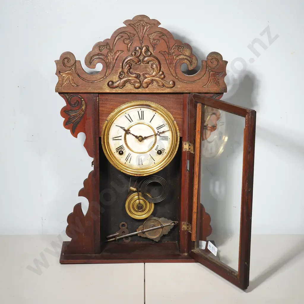 Vintage E.N Welch Gingerbread Mantle Clock w Ornate Pressed Wood Case Image 1++