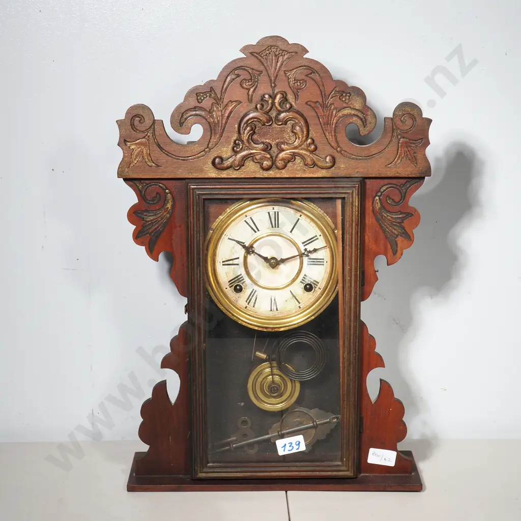 Vintage E.N Welch Gingerbread Mantle Clock w Ornate Pressed Wood Case Image 1++