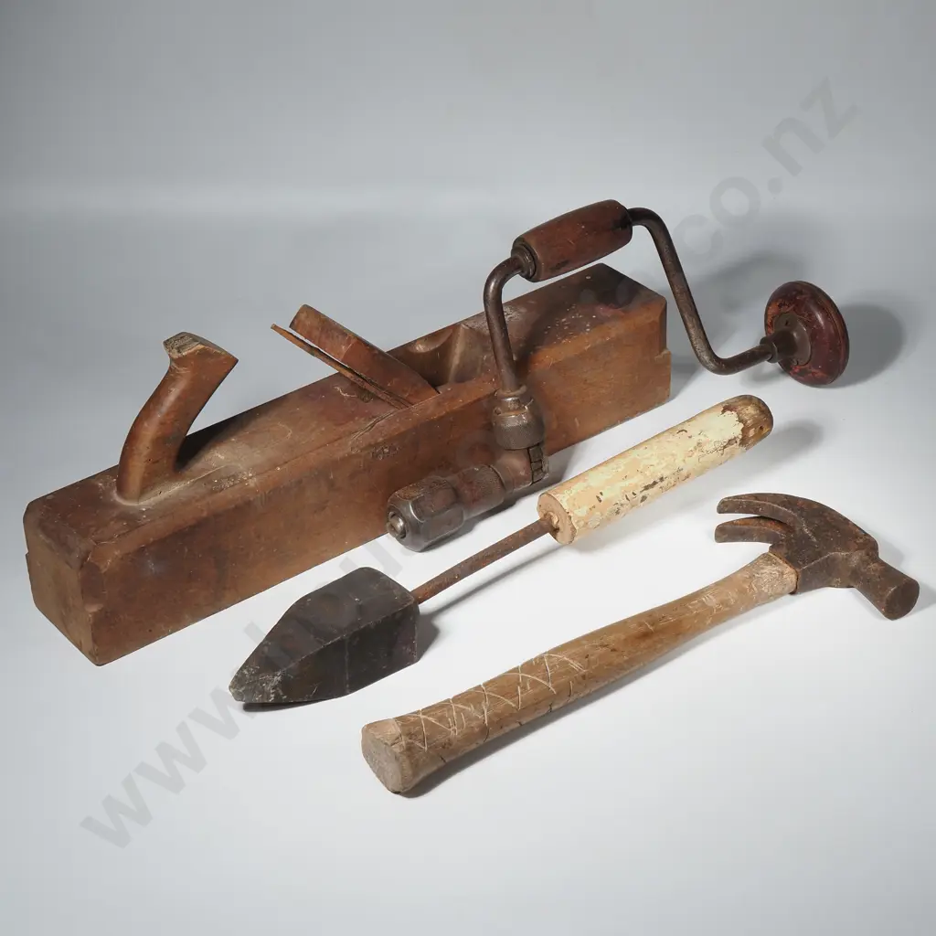 Large Wooden Marples Plane, Vintage Hammer, Rachet Hand Drill & a Soldering Copper Image 1++