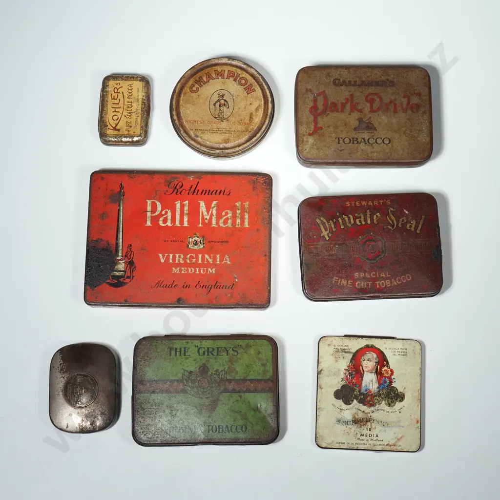 Six Vintage Cigarette Tins & Two Tin Vesta Boxes - One for Dunedin Exhibition 1925 -26 Image 1++