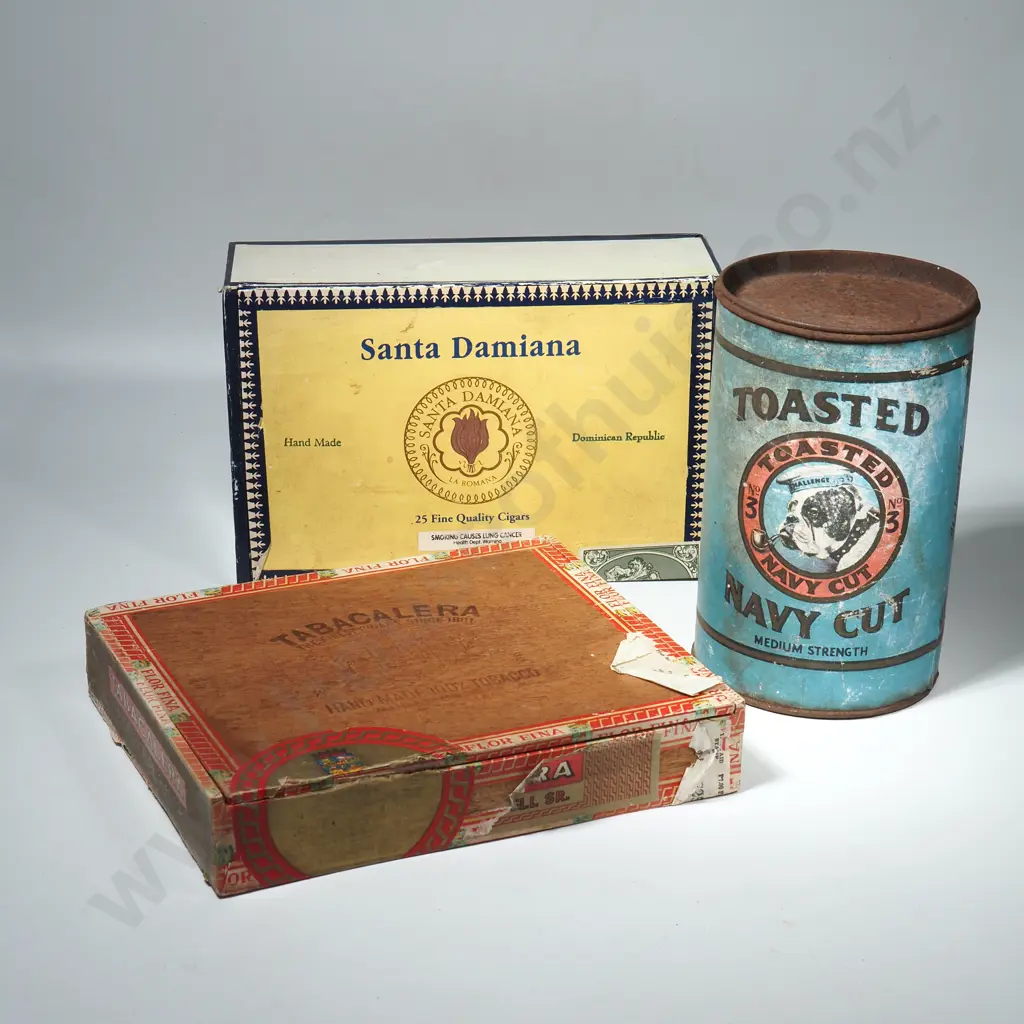 Vintage Toasted Navy Cut Tobacco Tin, Vintage Wooden Tabacalera Tobacco Box & a Cardboard Santa Damiana Tobacco Box Image 1++