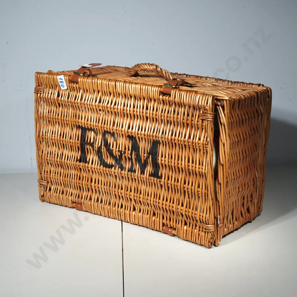 Vintage Wicker Picnic Basket w Plastic Cutlery & Dinnerware Image 1++