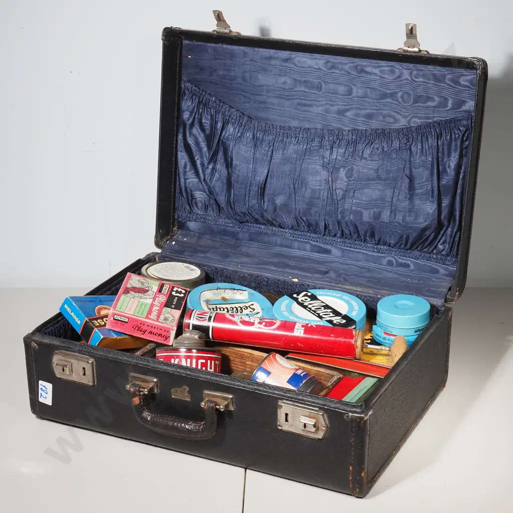 Vintage Suitcase w Various Tins Image 1++