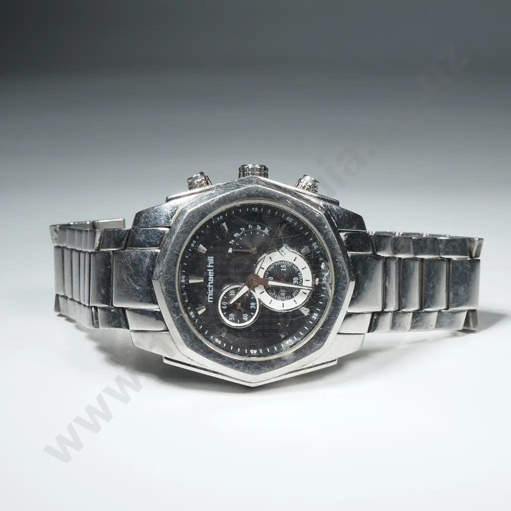 Michael Hill Chronograph w Blue Bezel & Stainless Steel Bracelet Image 1++